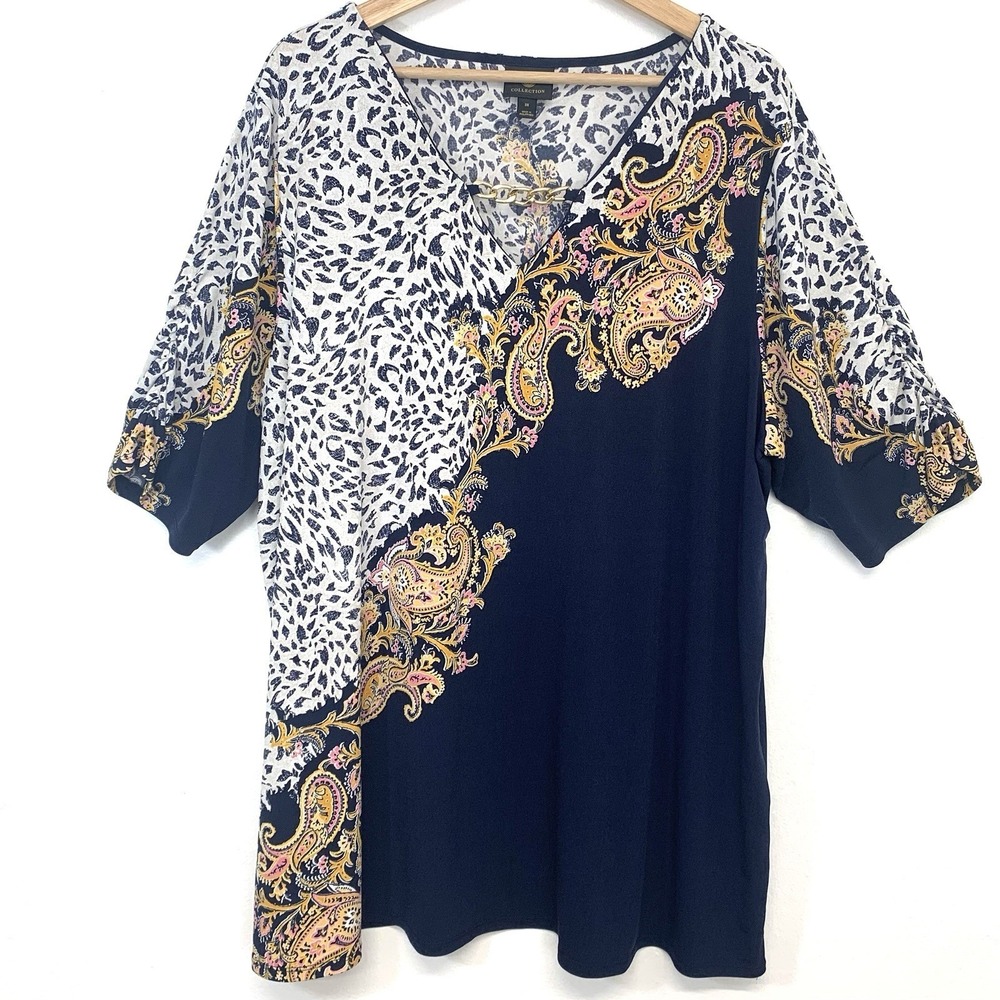 J M Collection V Neck Knit Top Woman 3X Navy Blue Floral Animal Print Stretch